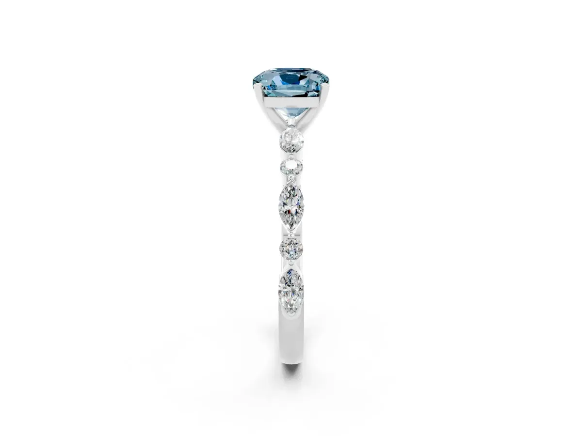 Cushion Cut Aquamarine Ring with Marquise and Round Side Stones and Four-Prong Setting White gold