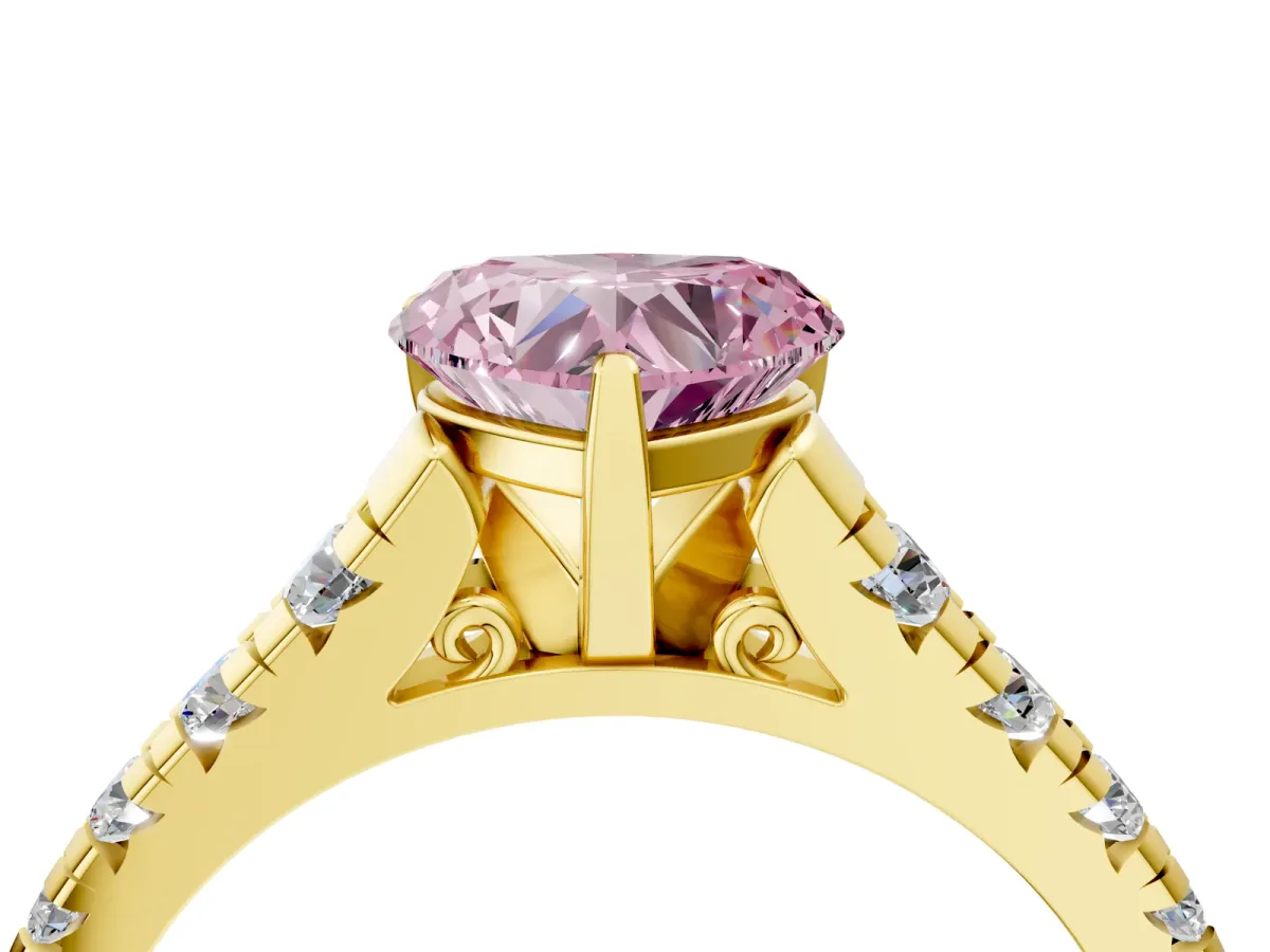 Fancy Pink Heart Cut Diamond Cathedral Solitaire Ring with Round Pavé Band Yellow gold