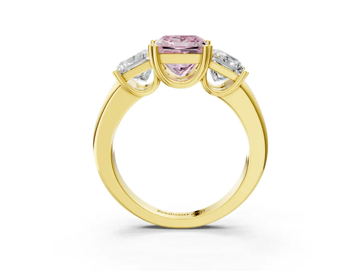 Fancy Pink Three-Stone Princess Cut Cut Diamond Ring with Channel Set Band and Four-Prong Setting Yellow gold
