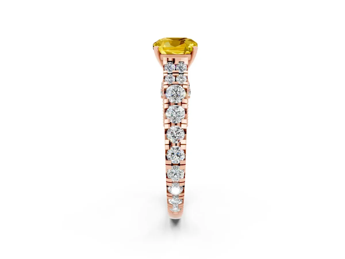 Cushion Cut Yellow Sapphire Classic Solitaire Ring with Pavé Band and Four-Prong Setting Rose gold