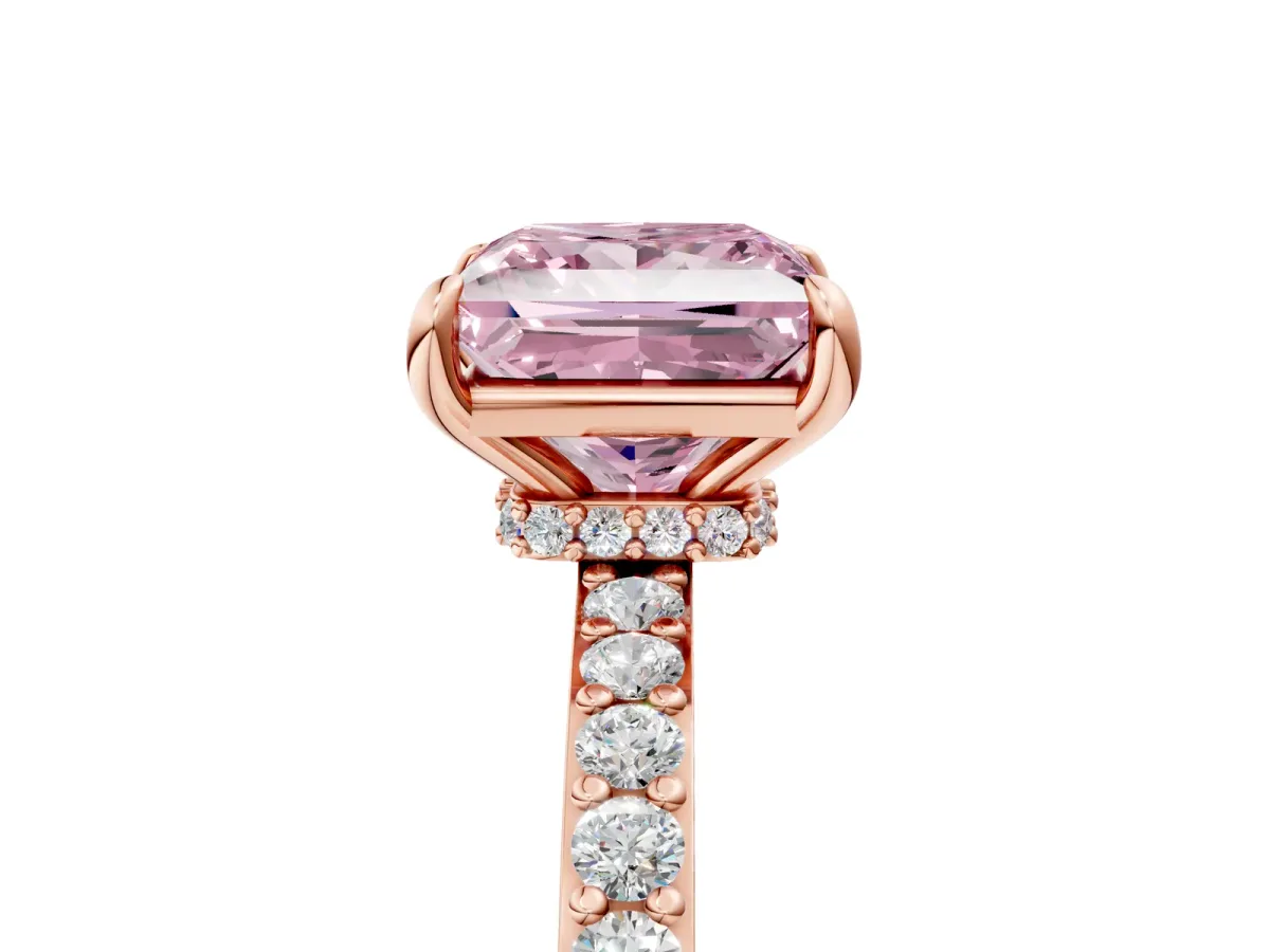 Fancy Pink Princess Cut Diamond Solitaire Engagement Ring with Pavé Band and Four-Prong Setting Rose gold