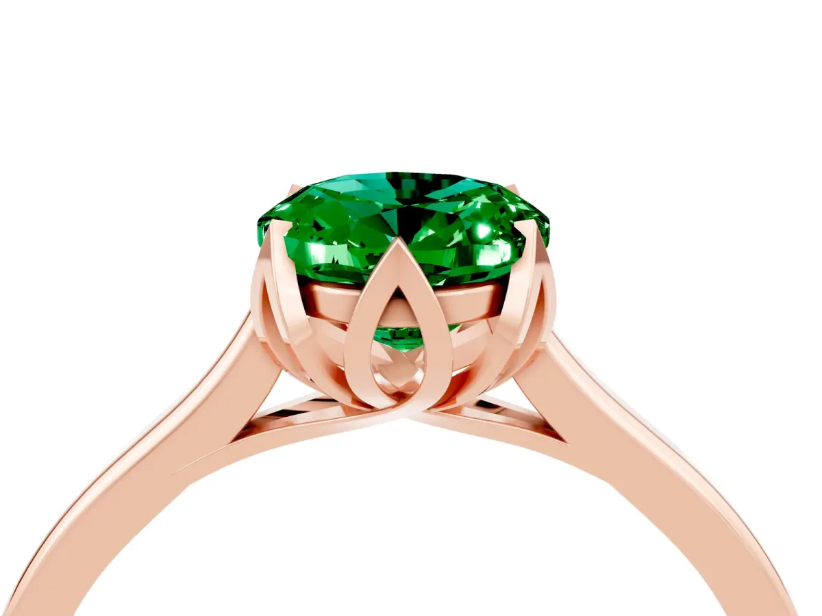 Oval Cut Emerald Solitaire Ring with Flower Prong Setting and Classic Band Rose gold