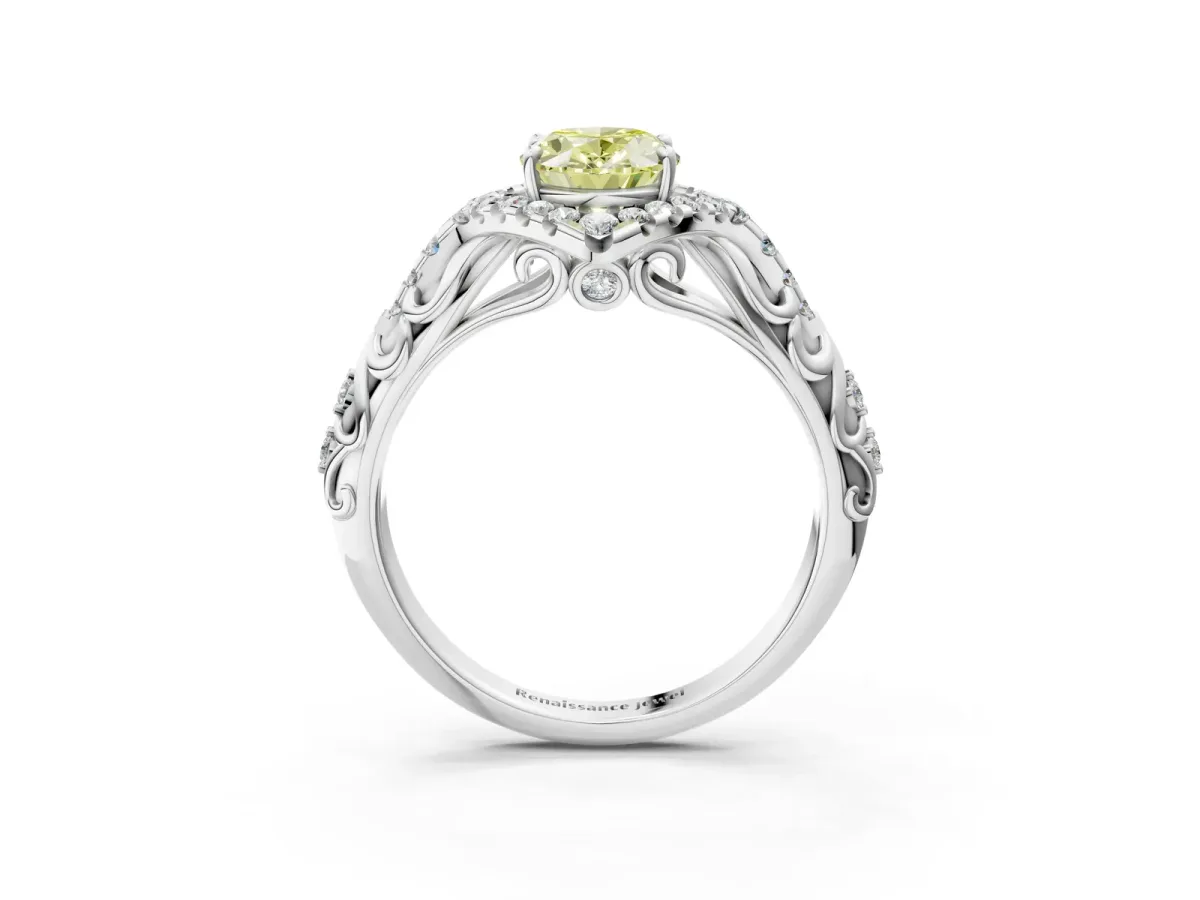 Fancy Yellow Oval Cut Diamond Solitaire Ring with Hidden Halo and Pavé Band White gold