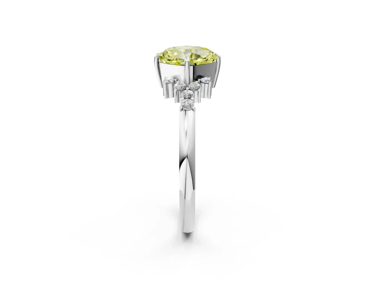 Fancy Yellow Cushion Cut Diamond Ring with Side Stones and Four-Prong Setting Silver
