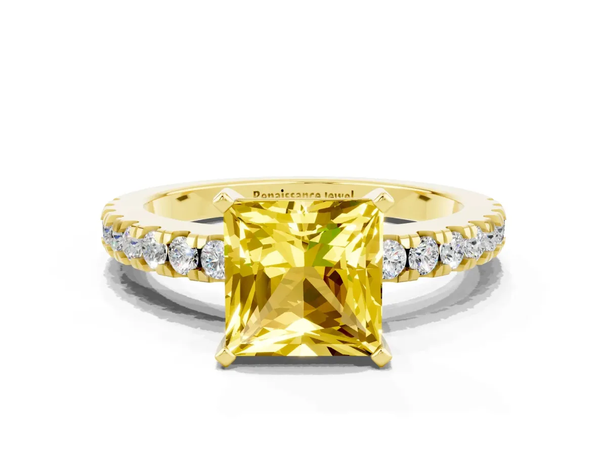 Princess Cut Solitaire Yellow Sapphire with Pavé Band and Four-Prong Setting Yellow gold
