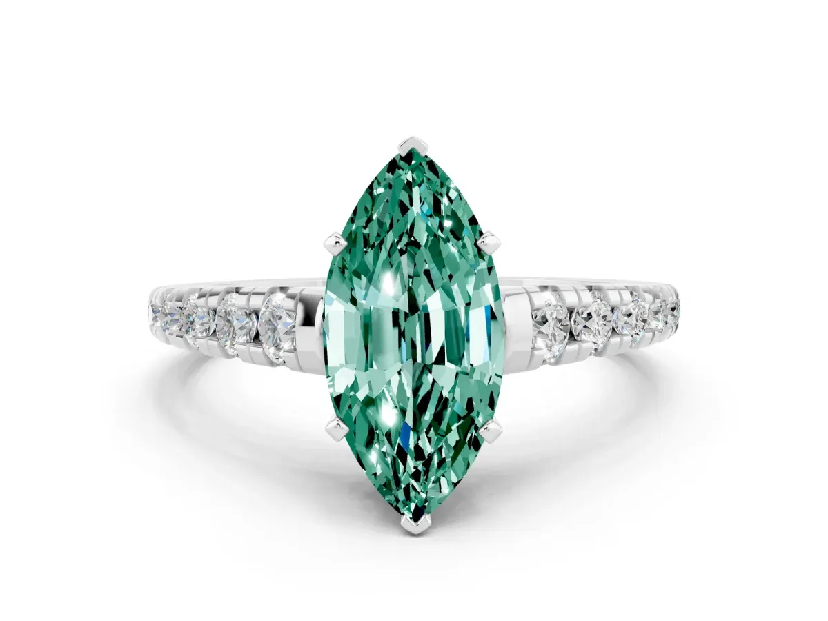 Marquise Cut Green Sapphire Cathedral Solitaire Ring with Round Pavé Band White gold