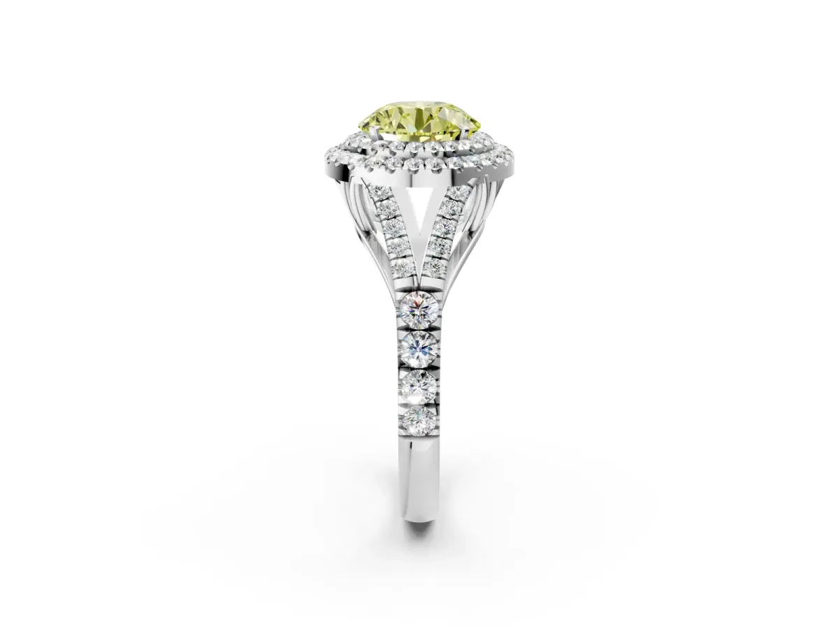 Fancy Yellow Double Halo Round Cut Diamond Split Shank Engagement Ring with Four-Prong Setting White gold