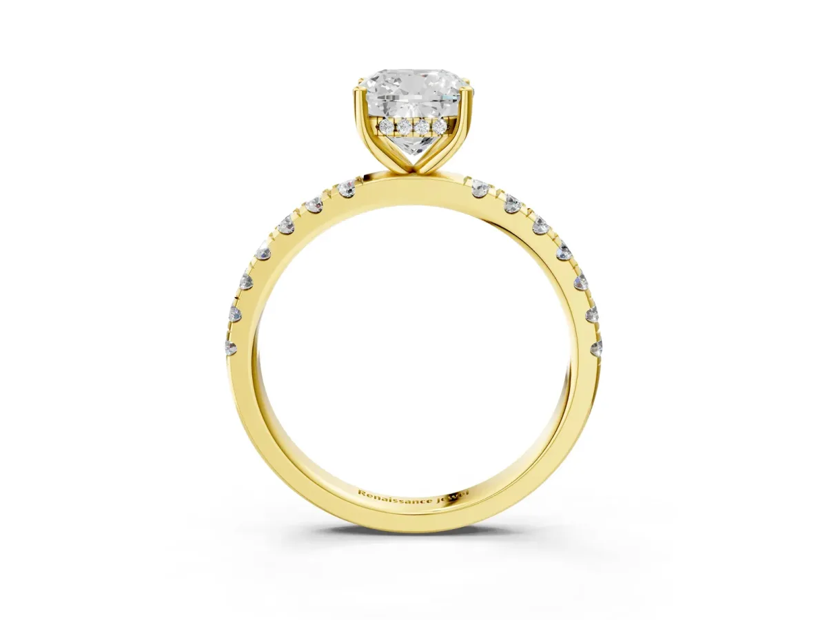 Cushion Cut Diamond Pave Band Solitaire Ring with Round Moissanite and Prong Setting Yellow gold