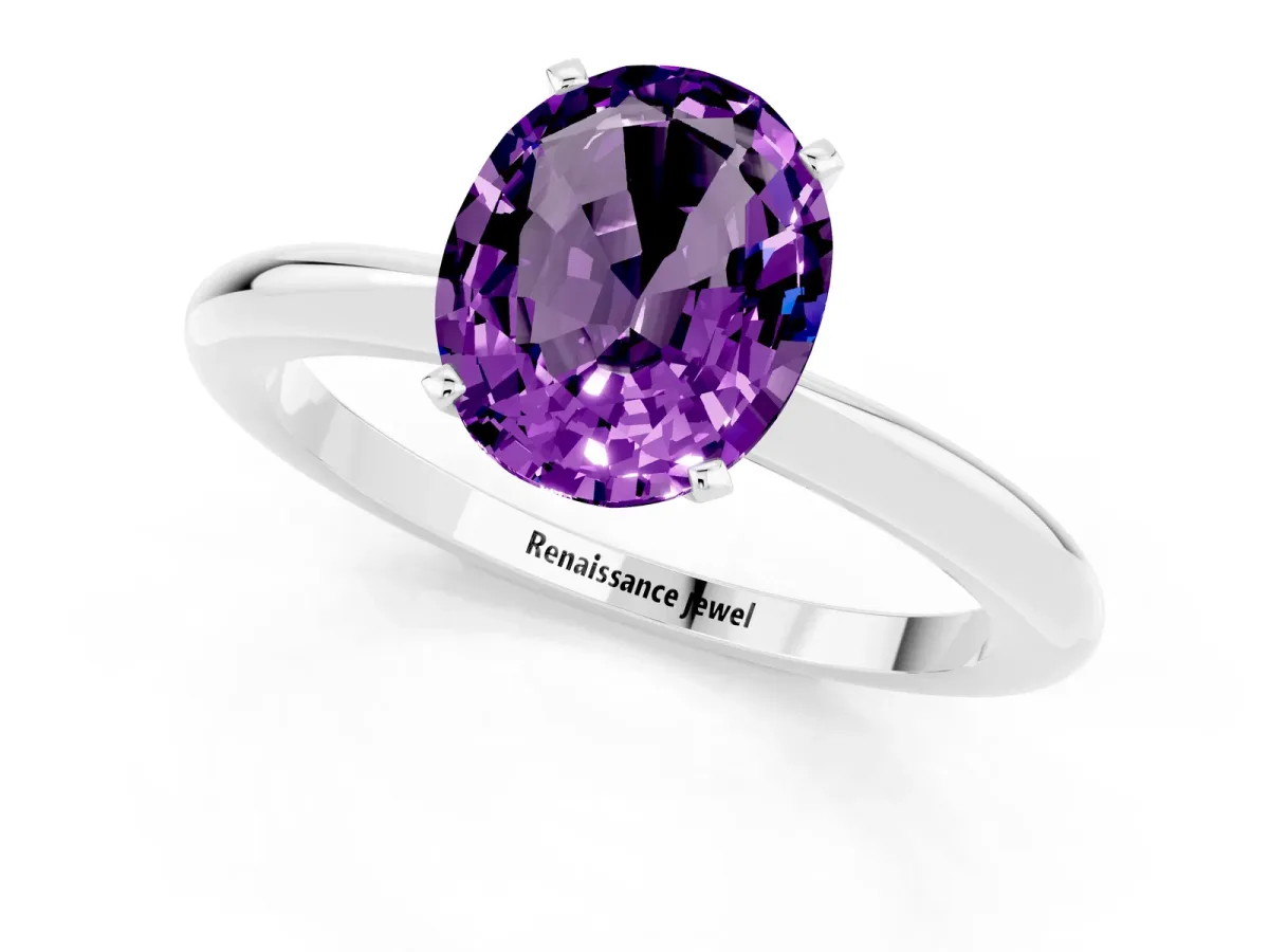 Oval Cut Amethyst Solitaire Ring with Six-Prong Setting and Classic Band Platinum