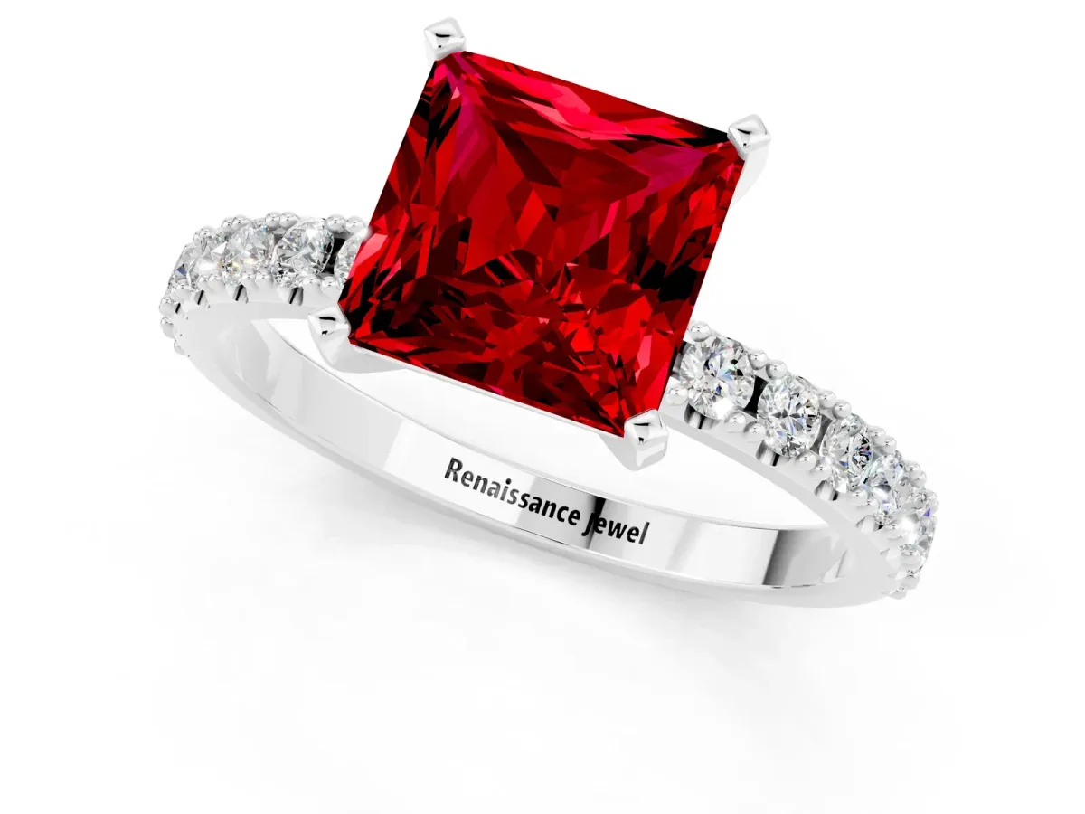Princess Cut Ruby Solitaire Pavé Band with Four-Prong Setting Silver