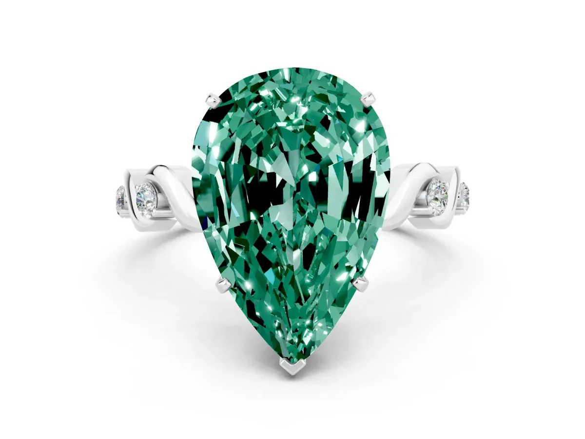 Pear Cut Green Sapphire Solitaire Twisted Band with Round Accents and Prong Setting White gold