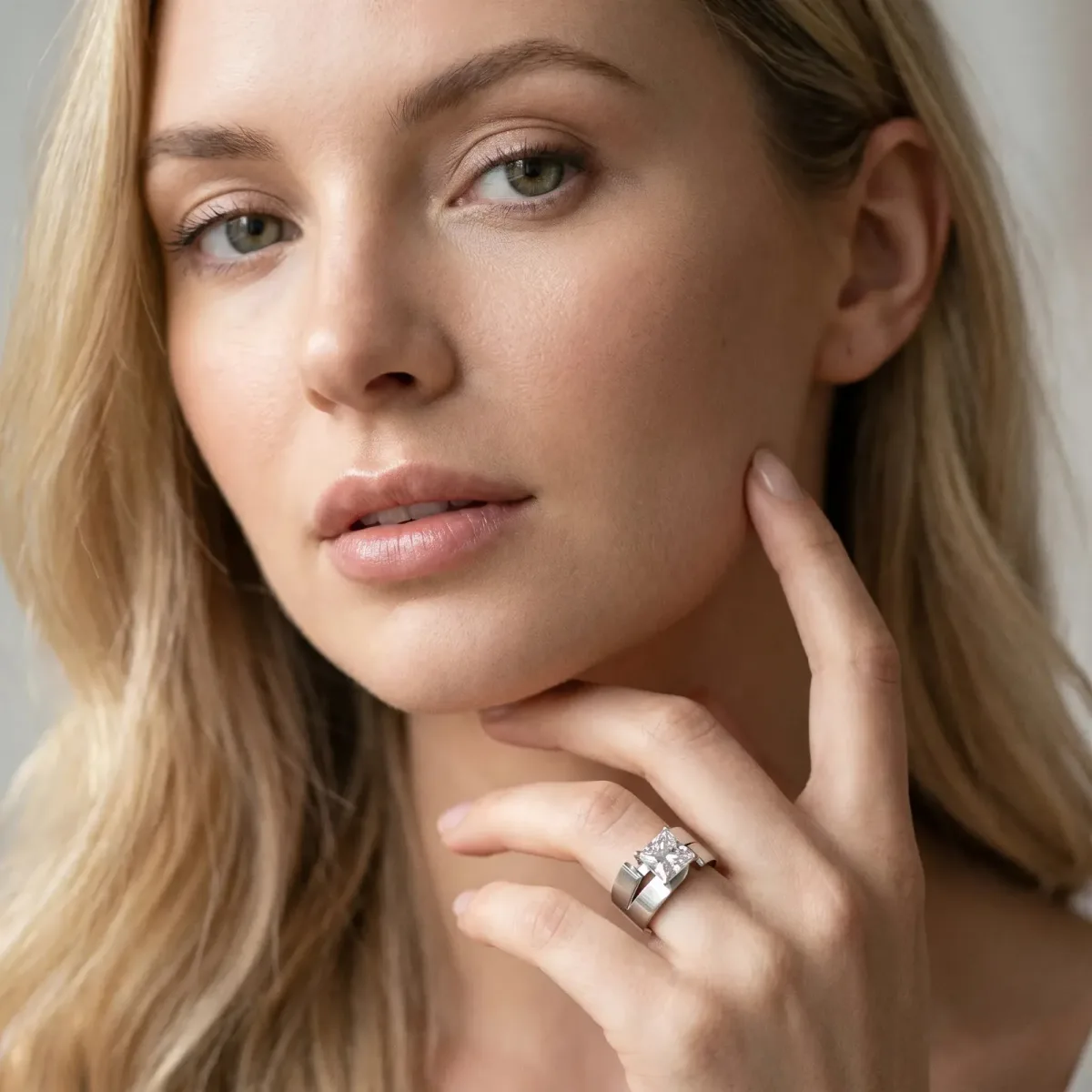 Modern Tension Set Princess Cut Diamond Solitaire Wide Band Ring Platinum
