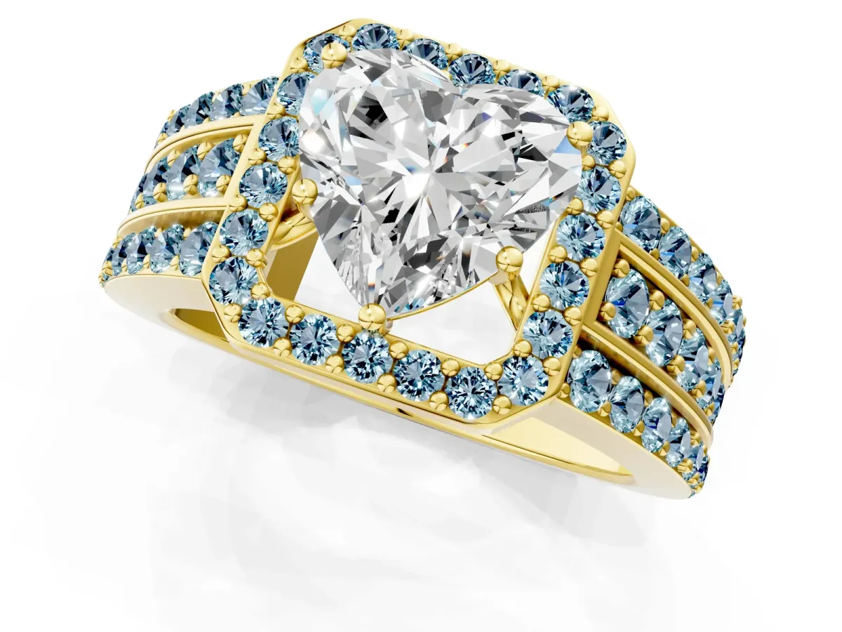 Heart Cut Halo Diamond Ring with Round Aquamarine Split Shank and Prong Setting Yellow gold