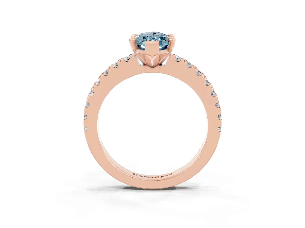 Marquise Cut Solitaire Aquamarine with Pavé Band and Four-Prong Setting Rose gold