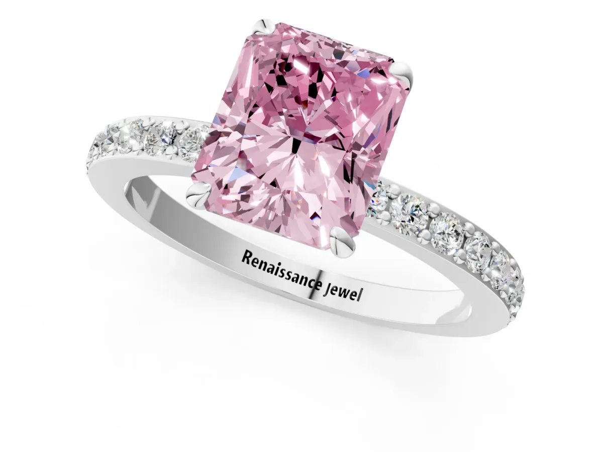 Fancy Pink Radiant Cut Diamond Solitaire Engagement Ring with Pavé Band and Four-Prong Setting White gold