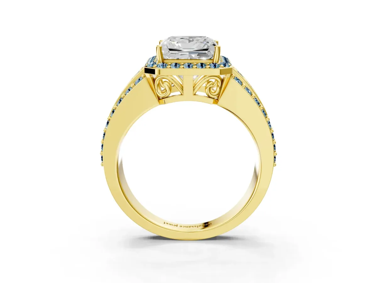 Princess Cut Halo Diamond Ring with Round Aquamarine Split Shank and Prong Setting Yellow gold