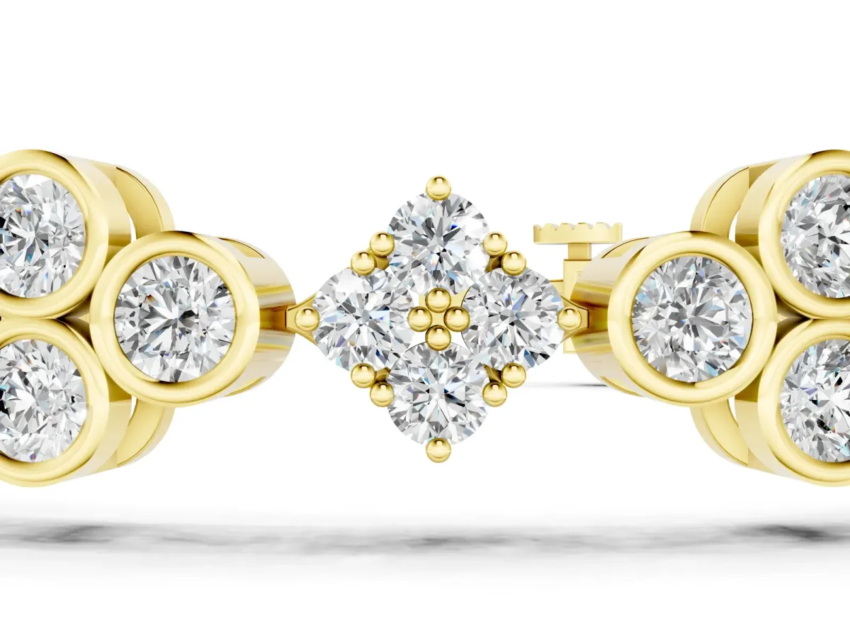 Round Diamond Cluster Tennis Bracelet with Bezel Setting and Four-Prong Clasp Yellow gold