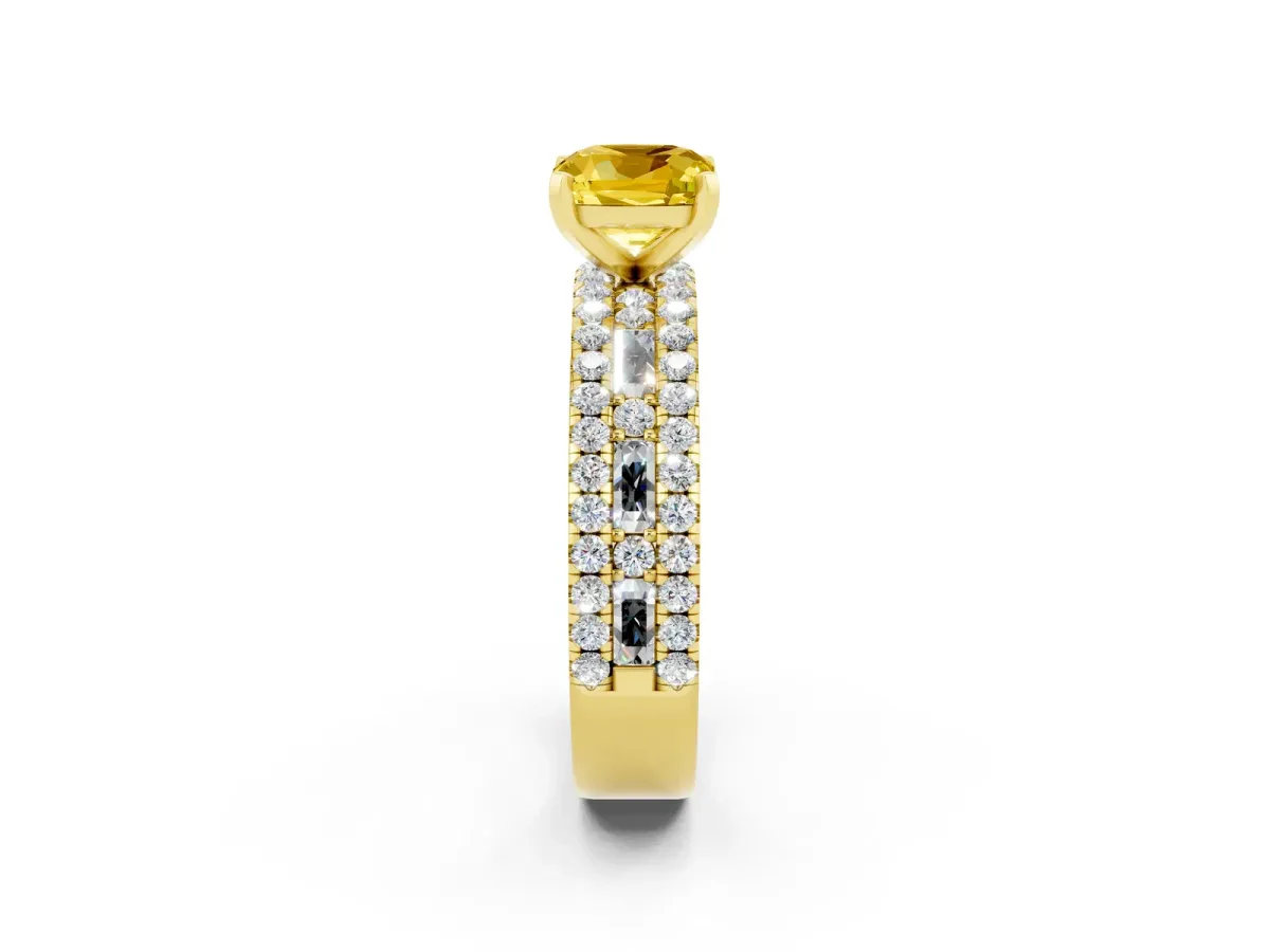 Cushion Cut Yellow Sapphire Solitaire Ring with Pavé and Channel Set Band Yellow gold