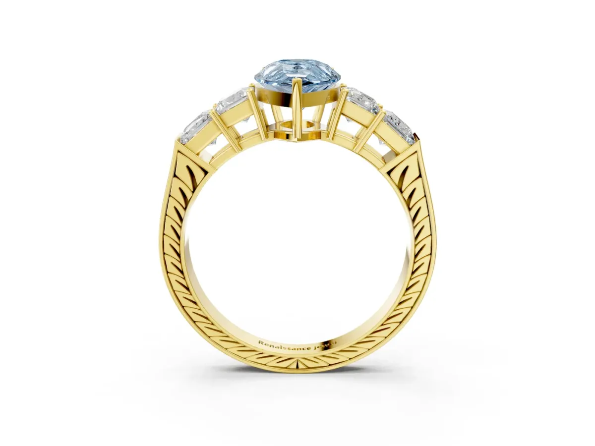 Fancy Blue Pear Cut Solitaire Princess Side Stone Engraved Band Prong Setting Ring Yellow gold