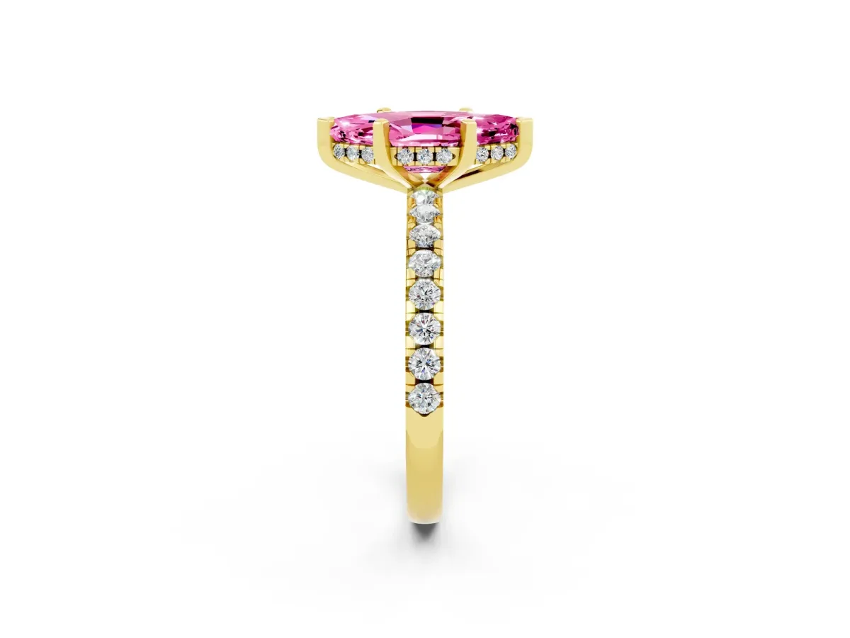 Marquise Cut Pink Sapphire Solitaire Ring with Round Pavé Band and Four-Prong Setting Yellow gold