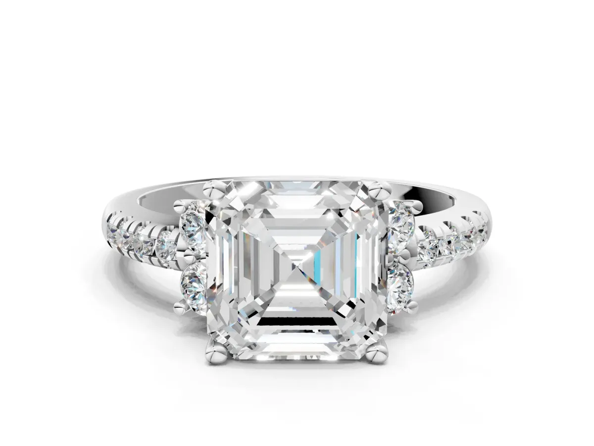 Asscher Cut Diamond Three-Stone Pave Band with Four-Prong Setting Platinum