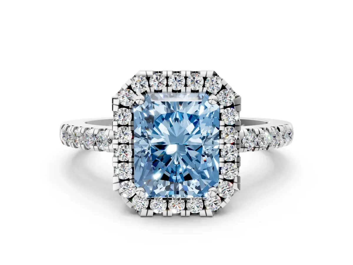 Fancy Blue Radiant Cut Halo Diamond Engagement Ring with Pavé Band and Four-Prong Setting Platinum