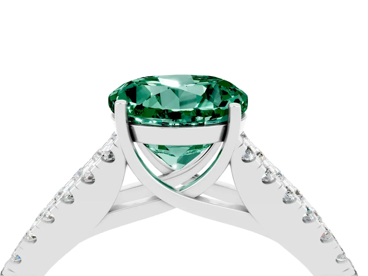 Round Cut Green Sapphire Split Shank Engagement Ring with Round Pavé and Prong Setting Platinum