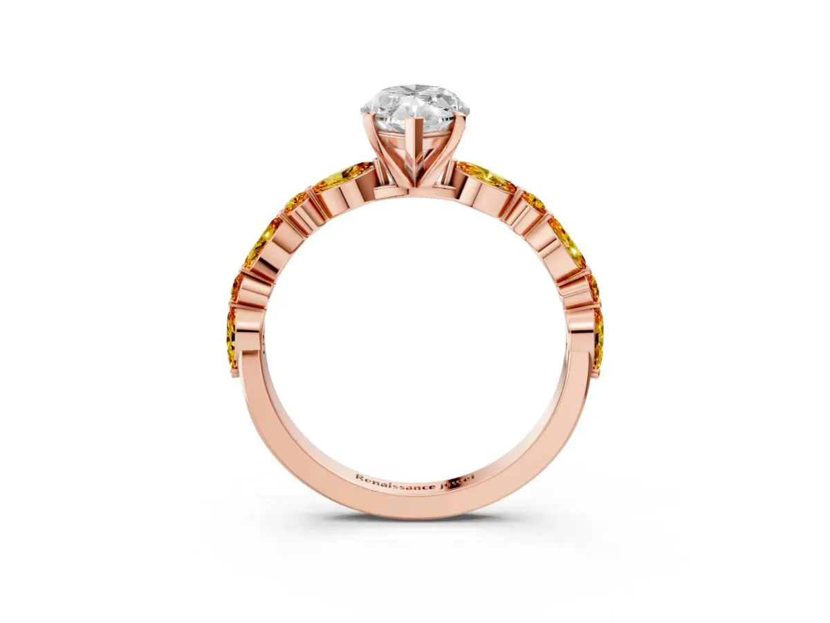 Marquise Cut Diamond Ring with Marquise and Round Citrine Side Stones and Four-Prong Setting Rose gold