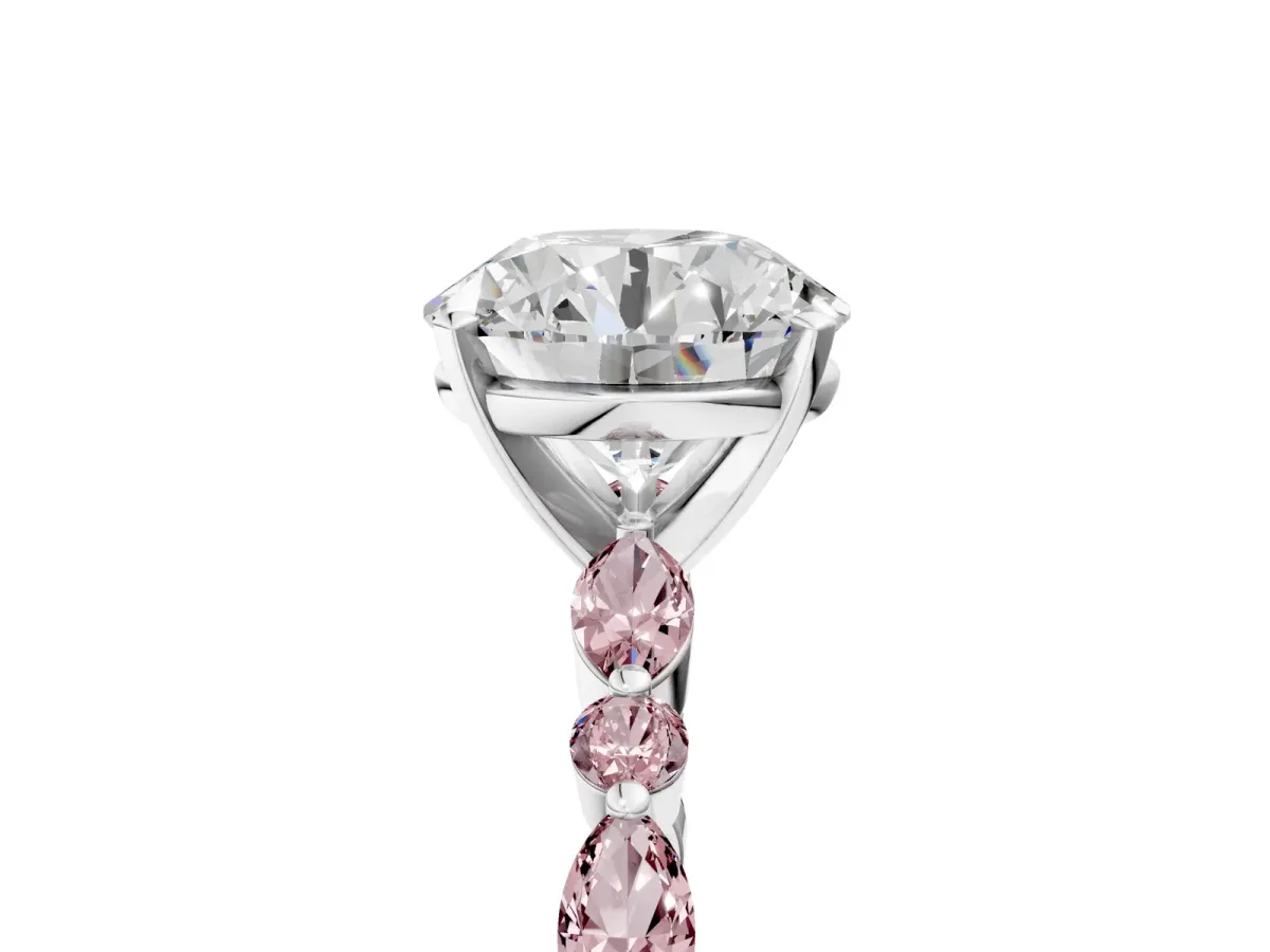 Round Cut Diamond Ring with Marquise and Round Morganite Side Stones and Four-Prong Setting White gold