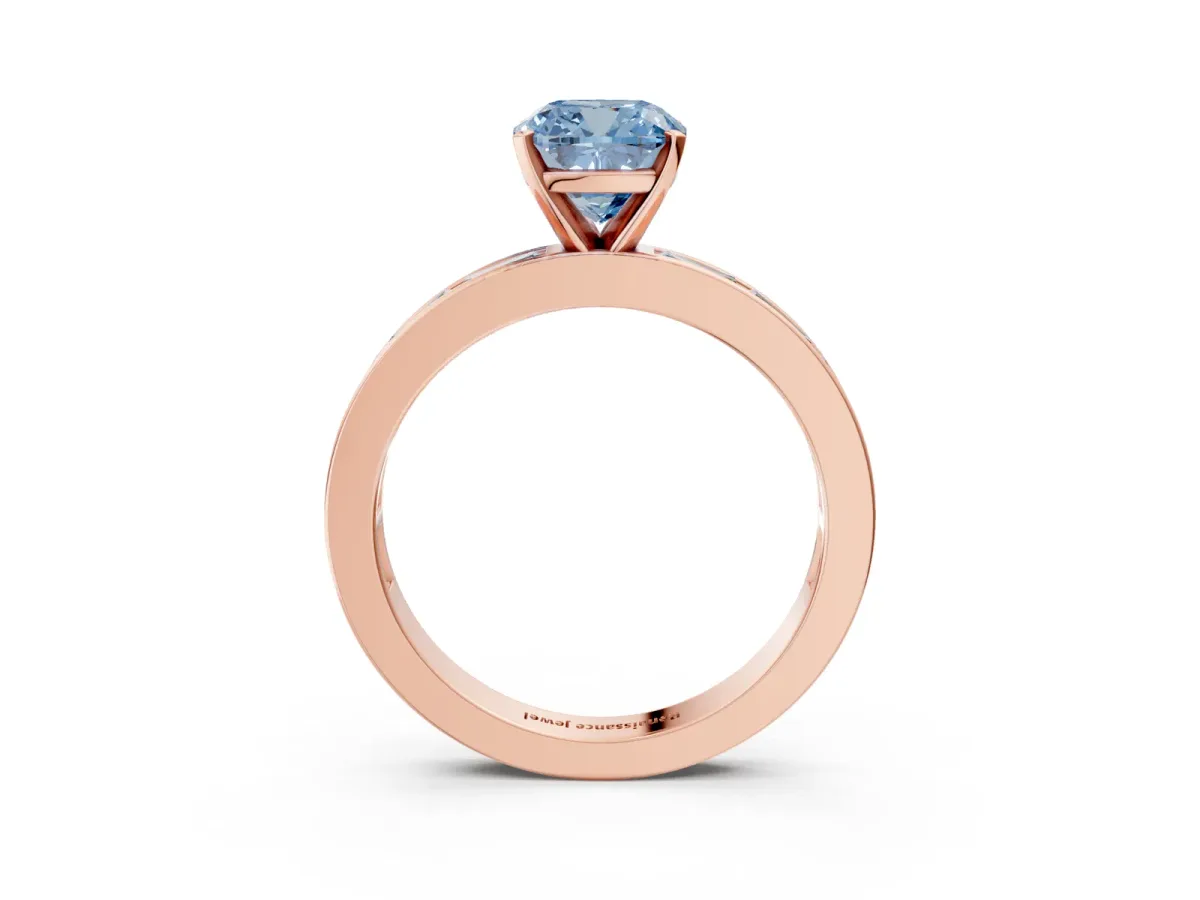 Fancy Blue Cushion Cut Solitaire Diamond Ring with Channel-Set Baguette Band and Four-Prong Setting Rose gold