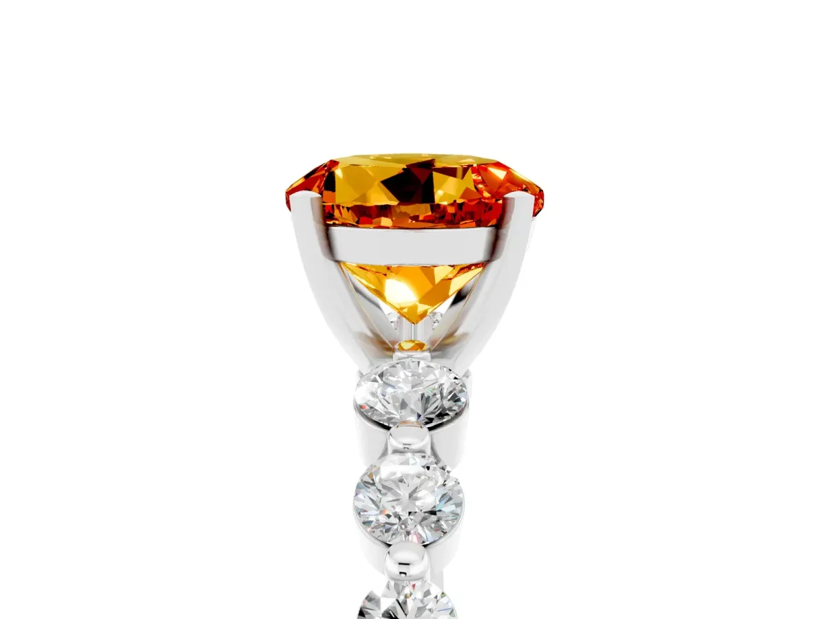 Round Cut Solitaire Citrine Ring with Pave Band and Four-Prong Setting Silver