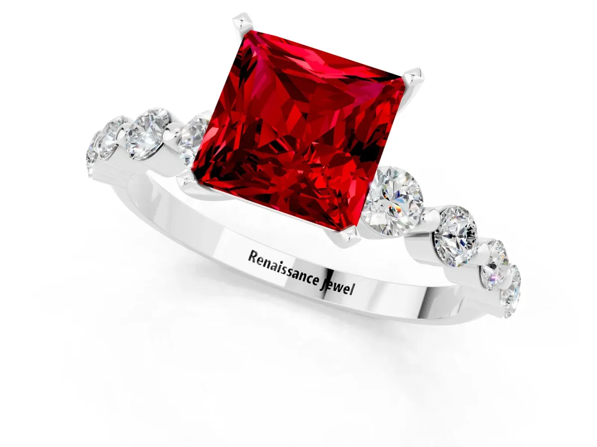 Princess Cut Solitaire Ruby Ring with Pave Band and Four-Prong Setting Silver