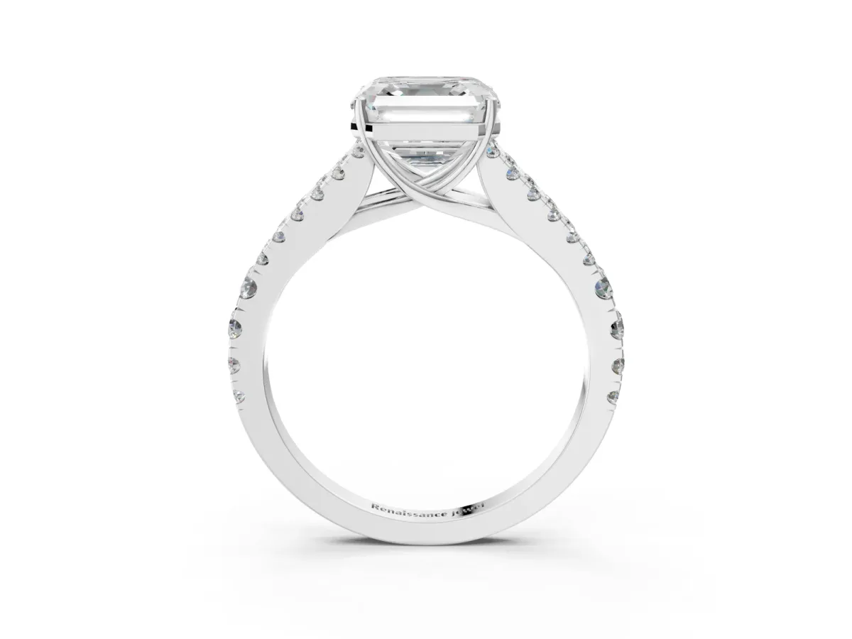 Asscher Cut Diamond Split Shank Engagement Ring with Round Pavé and Prong Setting Platinum