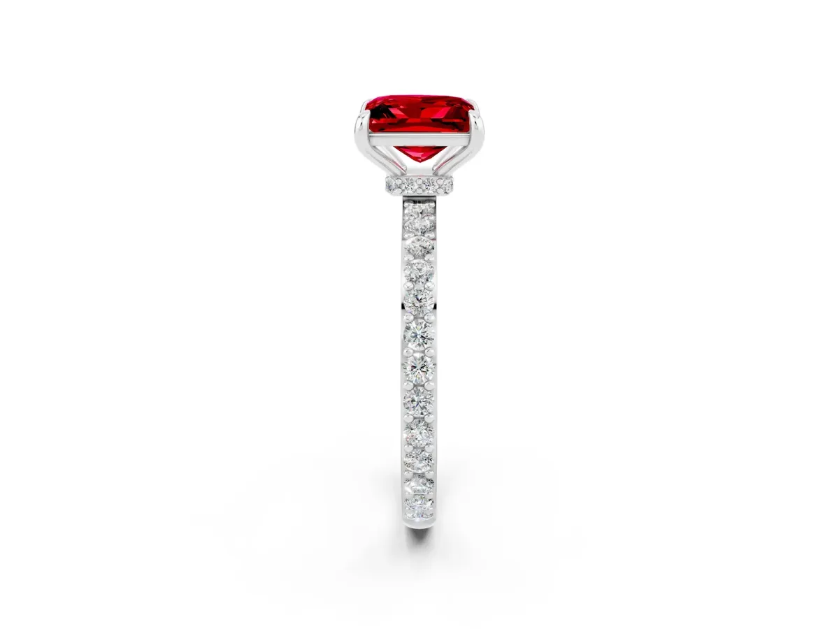 Princess Cut Ruby Solitaire Engagement Ring with Pavé Band and Four-Prong Setting White gold