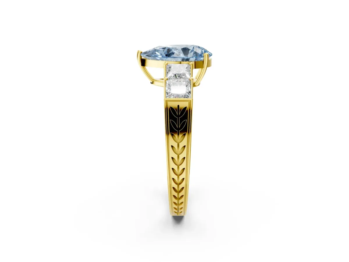 Fancy Blue Pear Cut Solitaire Princess Side Stone Engraved Band Prong Setting Ring Yellow gold