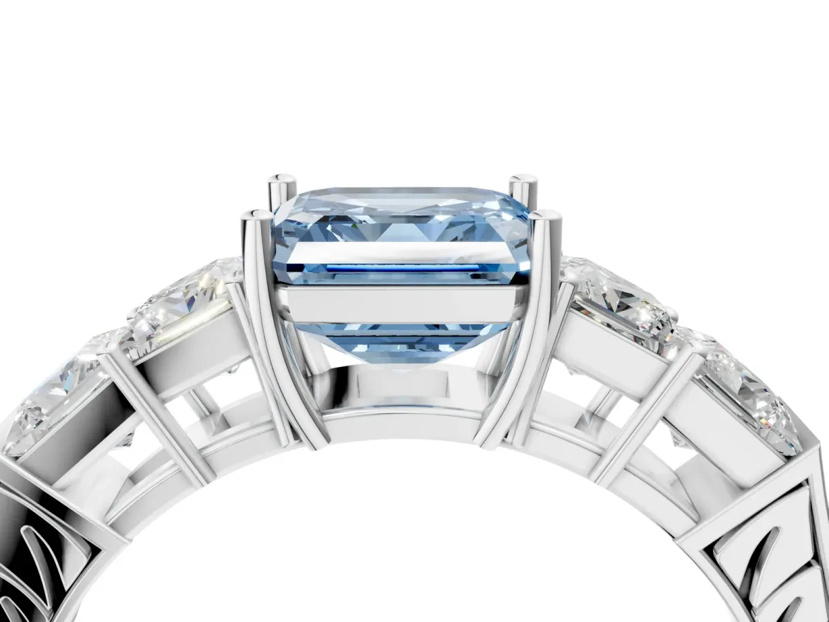 Fancy Blue Asscher Cut Solitaire Princess Side Stone Engraved Band Prong Setting Ring White gold
