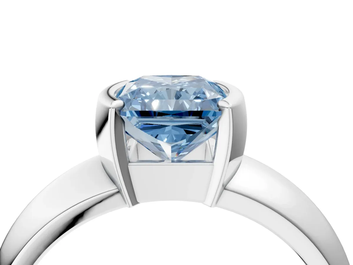 Fancy Blue Radiant Cut Solitaire Tension Set Diamond Ring with Wide Band Platinum