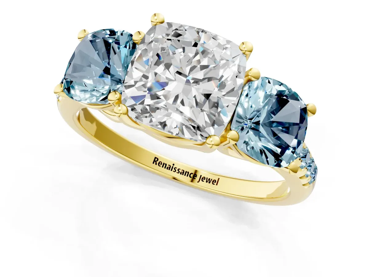 Three-Stone Cushion Cut Diamond Ring with Round Aquamarine Pavé Band and Prong Setting Yellow gold