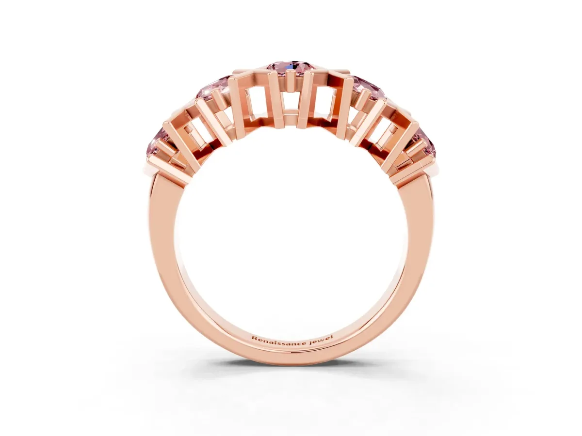 Round Morganite Channel Set Band with X-Prong Detail Rose gold
