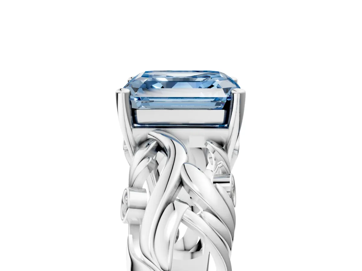 Fancy Blue Asscher Cut Solitaire Diamond Leaf-Inspired Vine Band Ring with Prong Setting Platinum