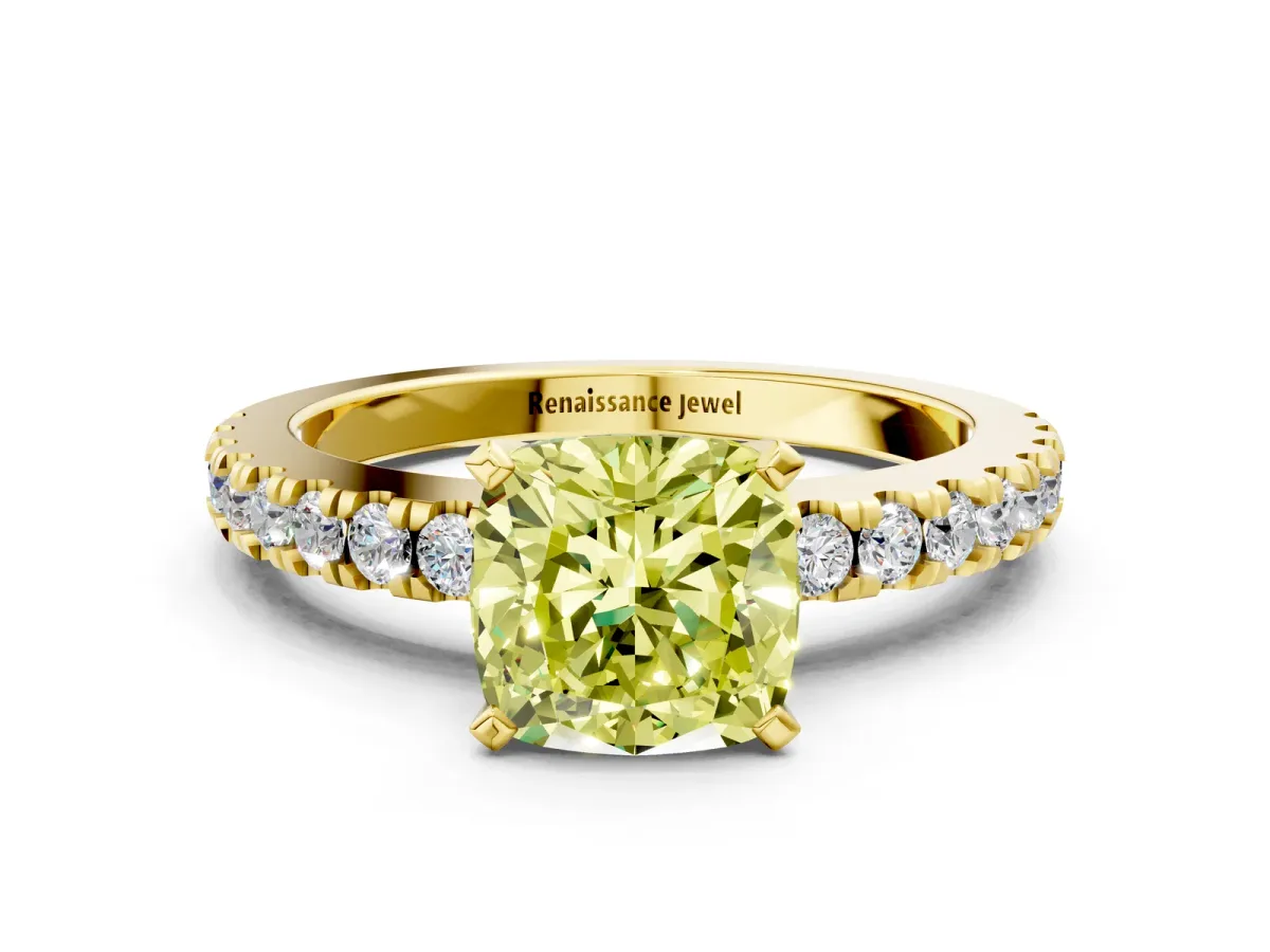 Fancy Yellow Cushion Cut Solitaire Diamond with Pavé Band and Four-Prong Setting Yellow gold