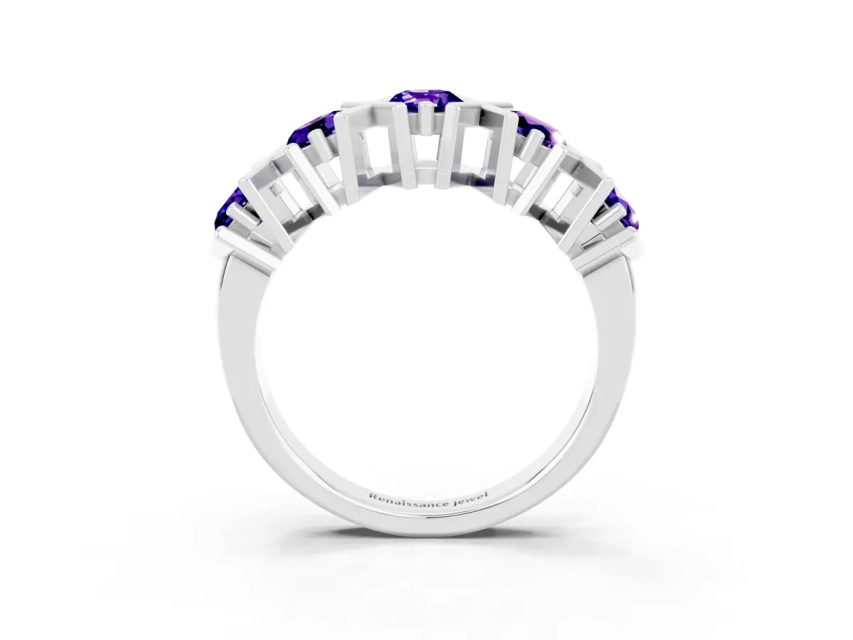 Round Tanzanite Channel Set Band with X-Prong Detail White gold