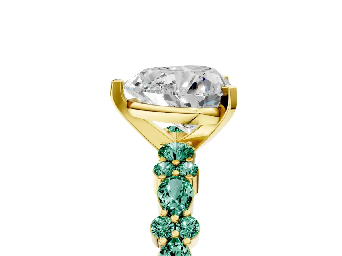 Heart Cut Diamond Side Stone Solitaire Ring with Round Green Sapphire and Four-Prong Setting Yellow gold
