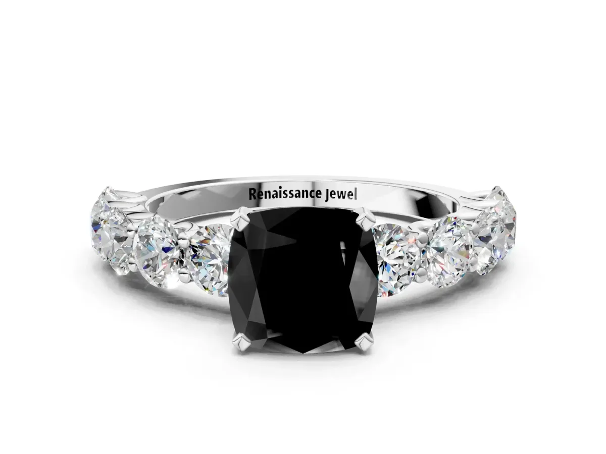 Fancy Black Cushion Cut Diamond Prong Setting with Side Stones on a Pave Band Silver