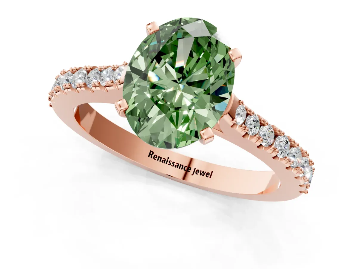 Fancy Green Oval Cut Cut Solitaire Diamond Engagement Ring with Pave Band and Four-Prong Setting Rose gold