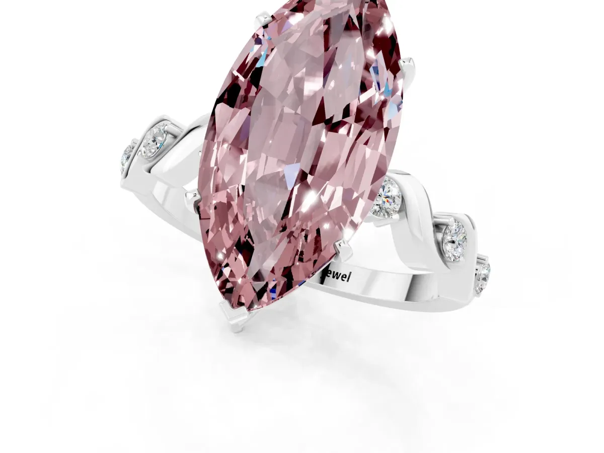 Marquise Cut Morganite Solitaire Twisted Band with Round Accents and Prong Setting White gold