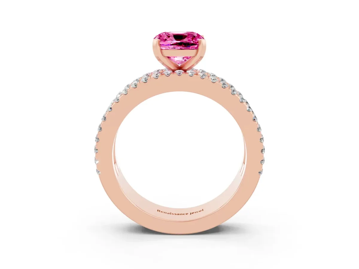 Cushion Cut Pink Sapphire Solitaire Ring with Pavé and Channel Set Band Rose gold