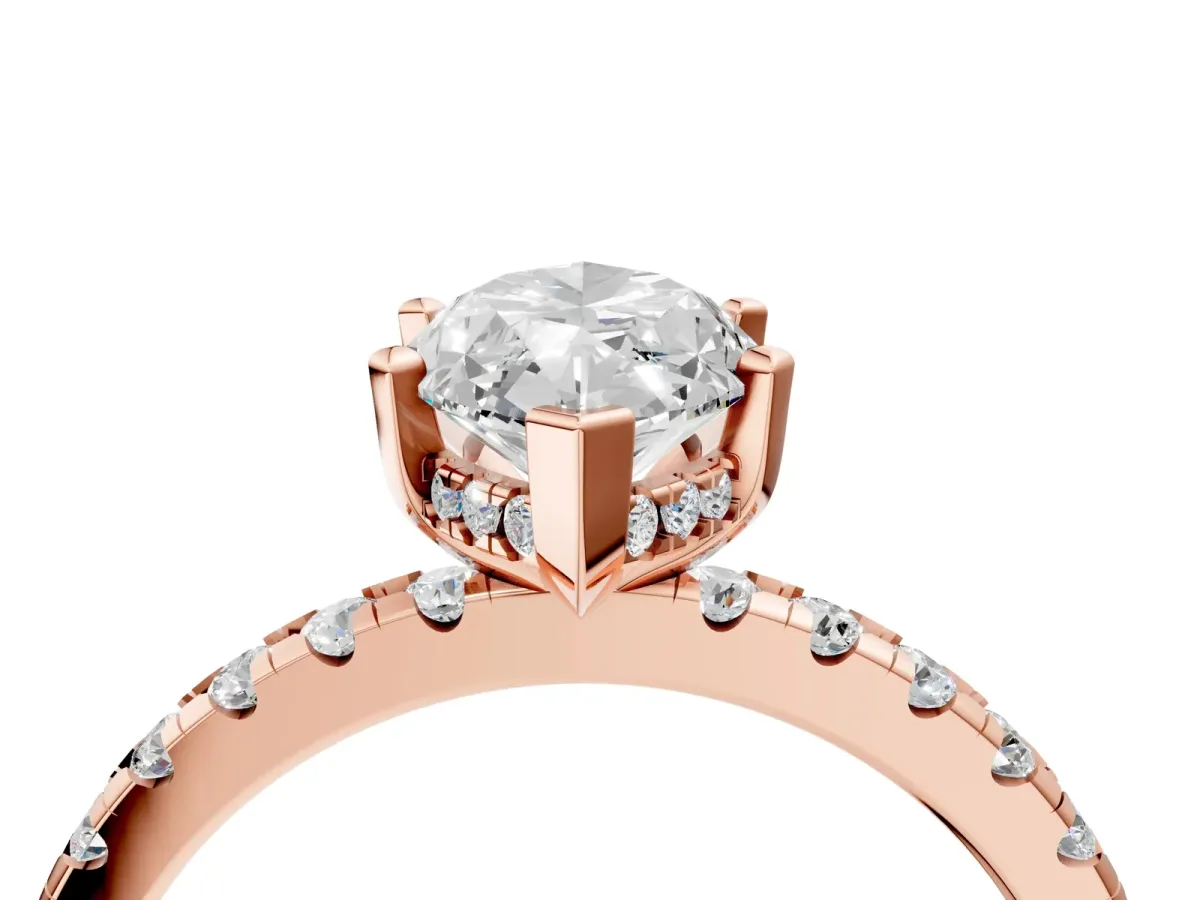 Marquise Cut Diamond Solitaire Ring with Round Moissanite Pavé Band and Four-Prong Setting Rose gold