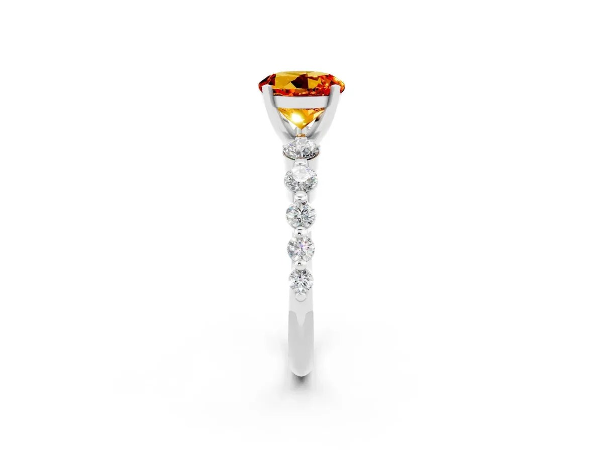 Round Cut Solitaire Citrine Ring with Pave Band and Four-Prong Setting Silver