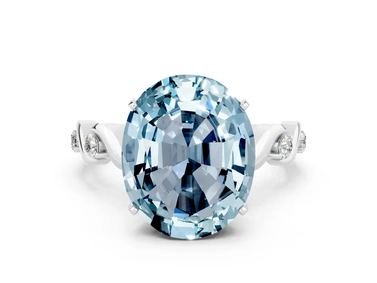 Oval Cut Aquamarine Solitaire Twisted Band with Round Accents and Prong Setting White gold